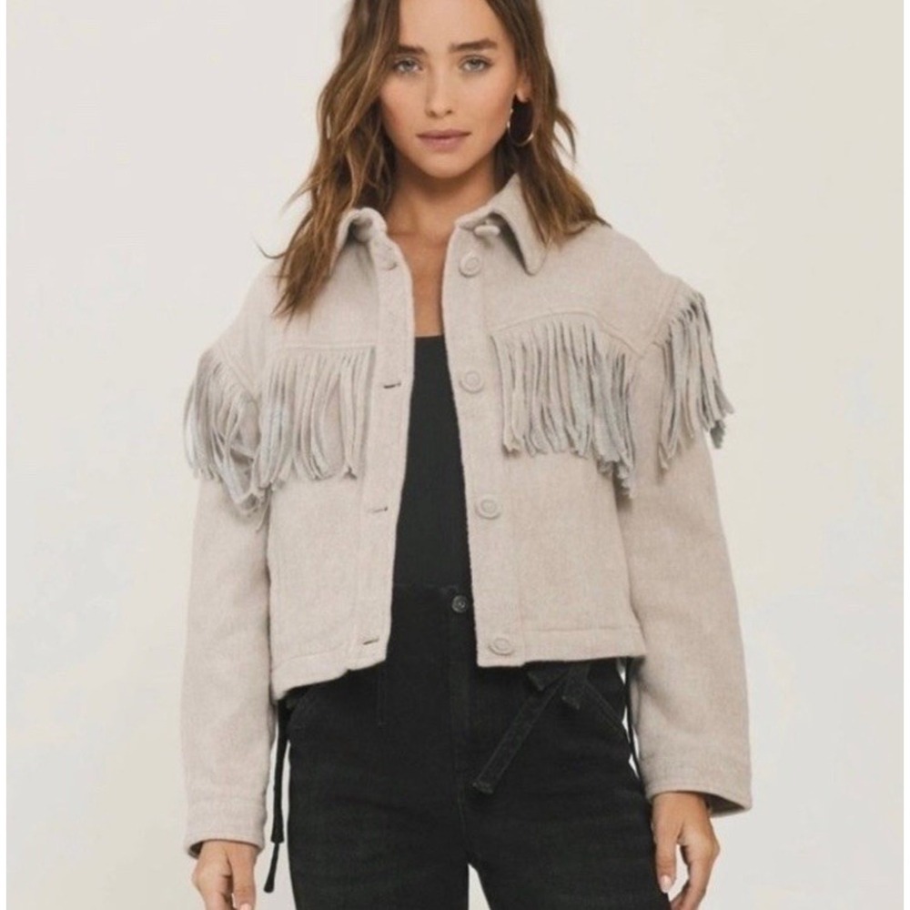 Something Navy Fringe Trucker Jacket Beige Wool Blend Size XL Made in Italy